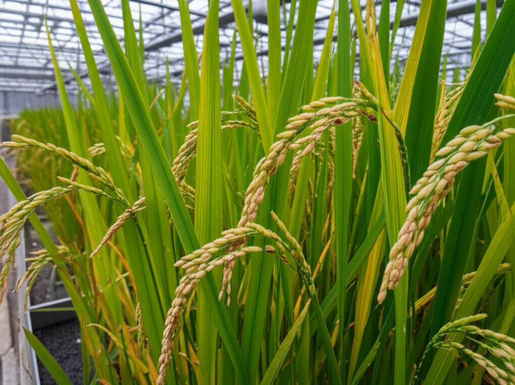 Piante di riso in una serra high-tech, alcune rigogliose e altre con segni di stress da calore. Etichette indicano le diverse varianti. Obiettivo grandangolare da 24mm per catturare l'ambiente, con dettagli sulle pannocchie di riso.