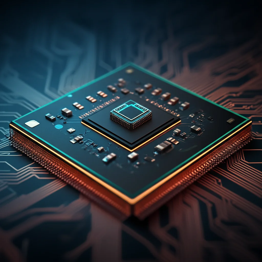 Un'immagine macro di un chip di intelligenza artificiale con linee di dati luminose che lo attraversano, a simboleggiare l'elaborazione dei dati life-log. Macro lens, 60mm, high detail, precise focusing, controlled lighting con riflessi blu e verdi.