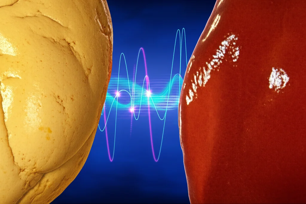 Un'immagine macro di un fegato sano accanto a un fegato steatosico, con una rappresentazione stilizzata di onde cerebrali o neuroni sullo sfondo, illuminazione controllata per evidenziare le texture, obiettivo macro 90mm, alta definizione.