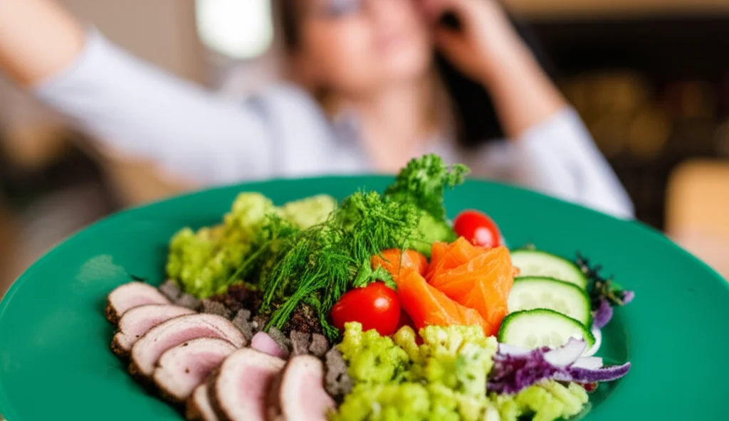 Un piatto colorato e invitante rappresentante una dieta sana (verdure, proteine magre), con in secondo piano sfocato una figura che fa un gesto di benessere, obiettivo prime 35mm, profondità di campo, luce naturale e vivace.