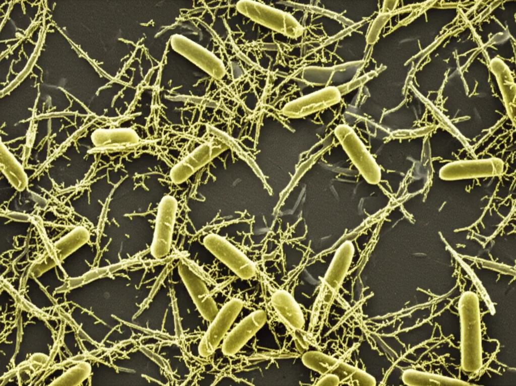 Microscopia elettronica di batteri Actinobacillus seminis che interagiscono con cellule ospiti, con focus sulle membrane cellulari dove avviene l'interazione per l'acquisizione del ferro. Obiettivo macro, 100mm, alta definizione, illuminazione controllata per dettagli precisi delle strutture batteriche e delle proteine ospiti.