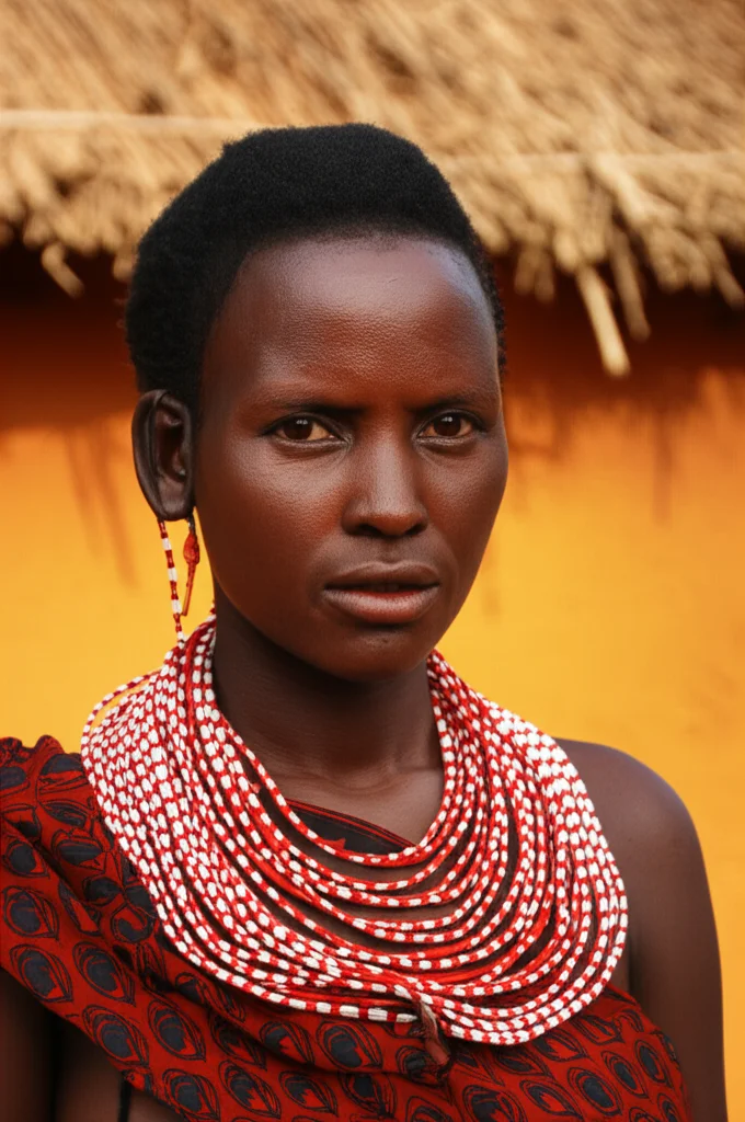 Ritratto di una donna Pokot incinta, pensierosa, in un contesto rurale del Kenya. Obiettivo da 35mm, luce naturale diffusa, profondità di campo che sfoca leggermente lo sfondo di capanne tradizionali, toni caldi e terrosi.
