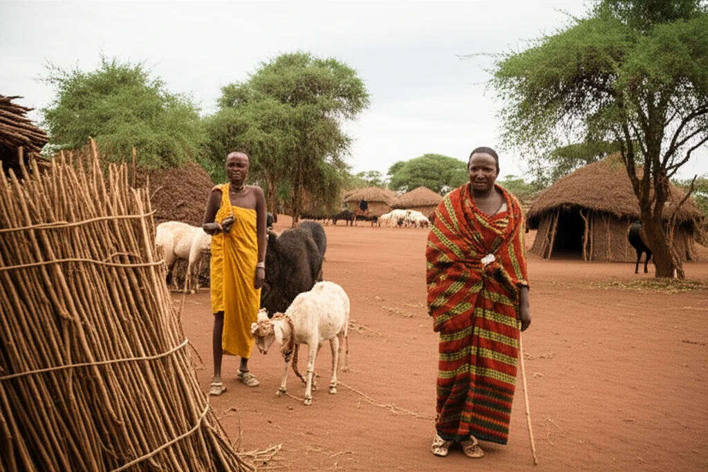 Scena di vita quotidiana di una comunità nomade Pokot in Kenya, con donne e bambini vicino a capanne temporanee e bestiame. Obiettivo grandangolare 24mm, luce del tardo pomeriggio che crea lunghe ombre, colori vividi del paesaggio arido, focus nitido sulle figure umane.