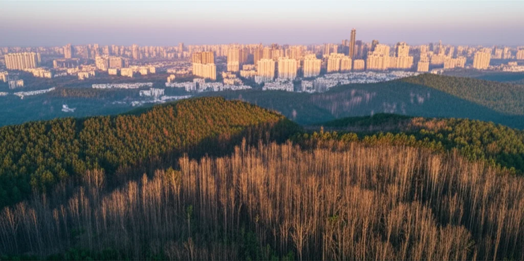 Fotografia paesaggistica, obiettivo grandangolare 18mm, di una vasta foresta cinese che mostra segni di degrado accanto a un'area urbana in espansione, luce del tardo pomeriggio, messa a fuoco nitida, per evidenziare il conflitto tra sviluppo e conservazione e la distribuzione spaziale dell'ESV.