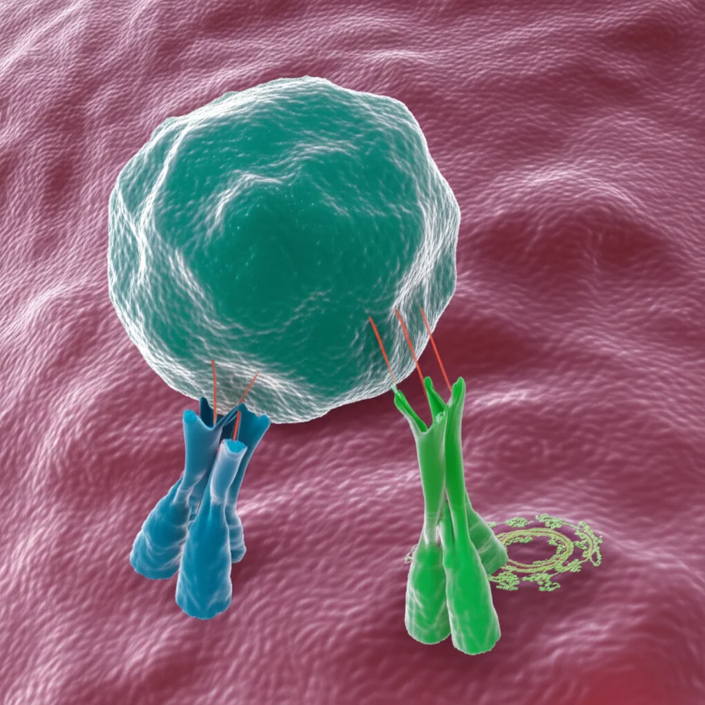 Visualizzazione artistica 3D di recettori di cellule T (TCR) sulla superficie di un linfocita, con alcuni recettori che legano epitopi virali. Dettaglio estremo, obiettivo macro 60mm, illuminazione diffusa per una resa morbida ma definita, colori vibranti per distinguere le molecole.