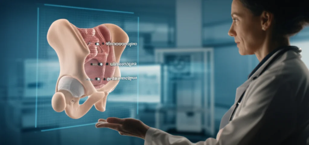 Una donna di mezza età, in un ambiente medico moderno e luminoso, osserva con interesse un modello anatomico 3D del pavimento pelvico femminile proiettato olograficamente davanti a lei. L'immagine olografica mostra chiaramente i muscoli ileococcigeo e pubococcigeo. Utilizzare un obiettivo prime da 35mm, con profondità di campo per mantenere a fuoco sia la donna che l'ologramma. Illuminazione cinematografica con toni blu e ambra per un effetto high-tech e accogliente.