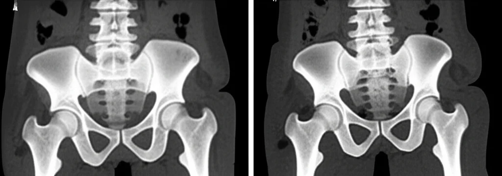 Due immagini affiancate di una risonanza magnetica pelvica. A sinistra, una scansione in posizione supina che mostra un muscolo ileococcigeo apparentemente intatto. A destra, la stessa paziente in posizione eretta, con la scansione che rivela chiaramente un'ernia o un danno significativo all'ileococcigeo, evidenziato con frecce o colori. Utilizzare un obiettivo macro da 100mm per i dettagli delle scansioni, con illuminazione controllata per massima chiarezza. Le immagini dovrebbero avere un aspetto clinico ma comprensibile.