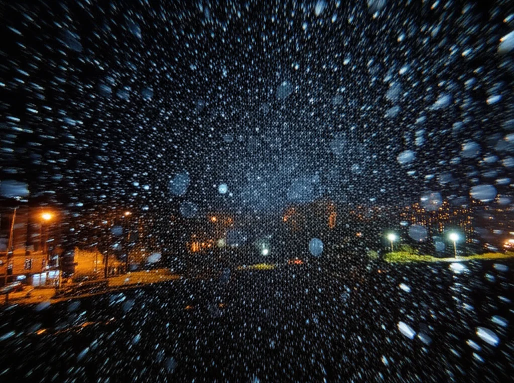 Immagine macro fotorealistica di particelle di PM2.5 sospese nell'aria di una città, visibili come pulviscolo illuminato da un raggio di sole obliquo. Obiettivo macro 90mm, alta definizione, illuminazione laterale controllata per enfatizzare la texture delle particelle e lo sfondo urbano leggermente sfocato.