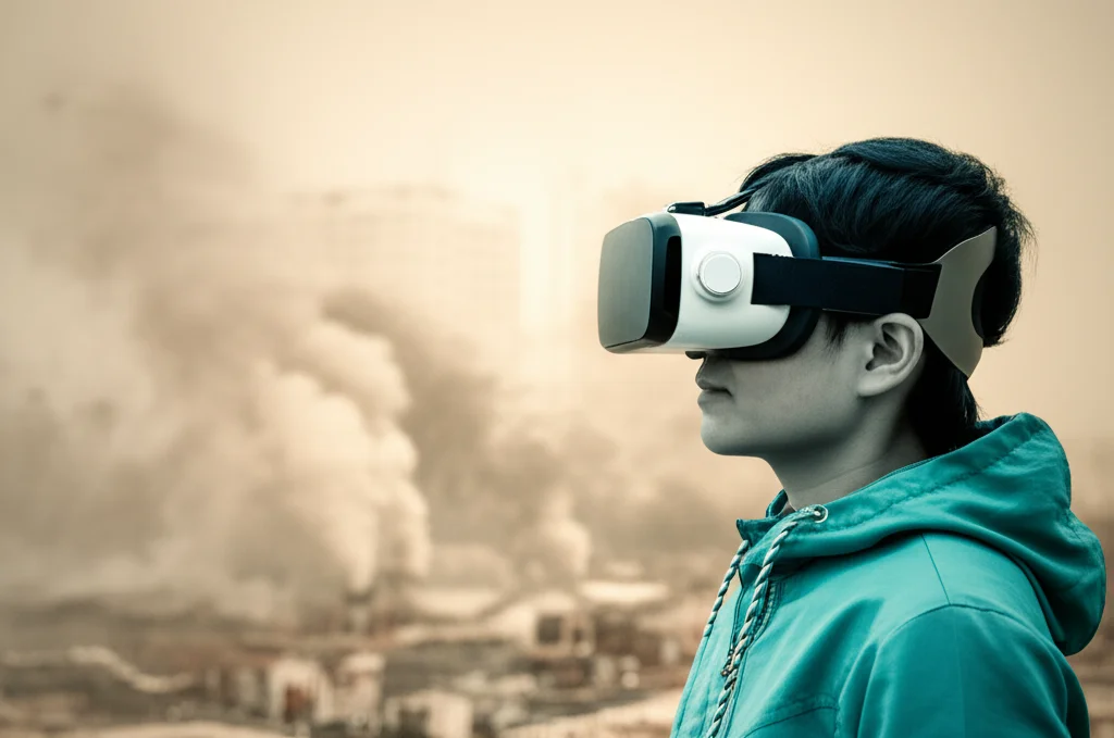 Ritratto di una persona, vista di profilo, che indossa un visore VR di ultima generazione. Sullo sfondo, sfocato ma riconoscibile, un ambiente urbano inquinato da smog. L'espressione della persona è di concentrazione e coinvolgimento. Obiettivo da ritratto 50mm, profondità di campo, duotone seppia e ciano per un effetto drammatico.