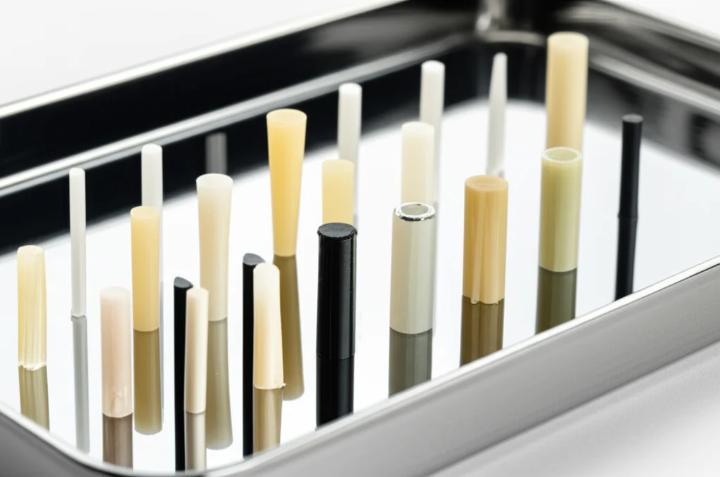 Macro fotografia di diversi campioni di materiali dentali per perni moncone, inclusi PEEK, GFR-PEEK, CFR-PEEK, metallo e fibra di quarzo, disposti su un vassoio da laboratorio. Macro lens, 100mm, high detail, precise focusing, controlled lighting, per evidenziare texture e colori.