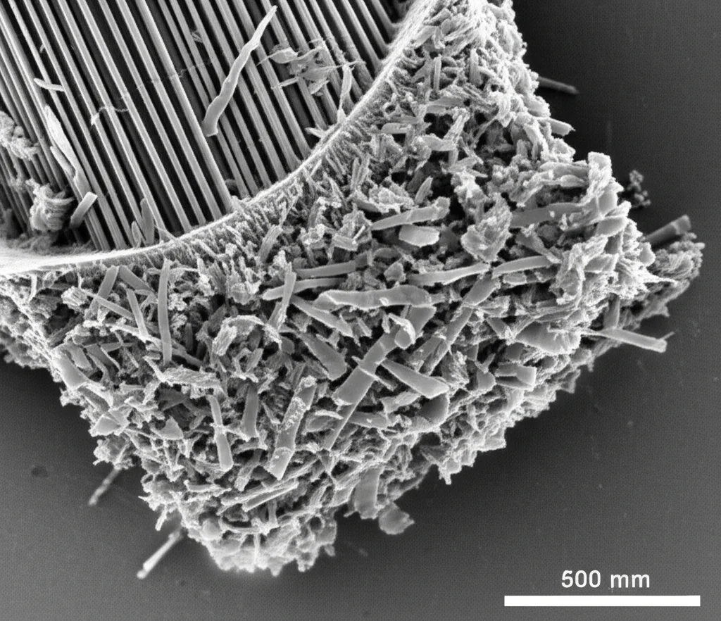 Immagine al microscopio elettronico di un perno moncone in PEEK rinforzato con fibre di carbonio (CFR-PEEK) dopo un test di carico, evidenziando l'interfaccia tra fibra e matrice. Macro lens, 60mm, high detail, precise focusing, controlled lighting, scientifica.