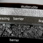 A photorealistic image showing a cross-section of a thermoelectric joint interface. Depict distinct layers of materials (electrode, brazing, barrier, skutterudite) with high detail and precise focusing using a Macro lens (e.g., 100mm) and controlled lighting. Show a stable, clean interface between layers.