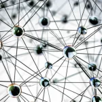 Abstract representation of a complex biological network with nodes representing drugs and cell lines, wide-angle lens, 24mm, sharp focus, high detail.
