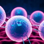Artistic representation of a multi-node inhibitor drug combination attacking cancer cells. Prime lens, 35mm, depth of field, with a dramatic duotone effect (e.g., deep blue and vibrant pink) to highlight the targeted action against a dark, abstract cancer cell background.