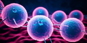 Artistic representation of a multi-node inhibitor drug combination attacking cancer cells. Prime lens, 35mm, depth of field, with a dramatic duotone effect (e.g., deep blue and vibrant pink) to highlight the targeted action against a dark, abstract cancer cell background.