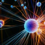 Illustrazione concettuale di geni correlati ai NET (Neutrophil Extracellular Traps) che formano una firma predittiva per il mieloma multiplo, visualizzata come una rete complessa di dati genetici e molecole, illuminazione drammatica, obiettivo macro 100mm, alta definizione.