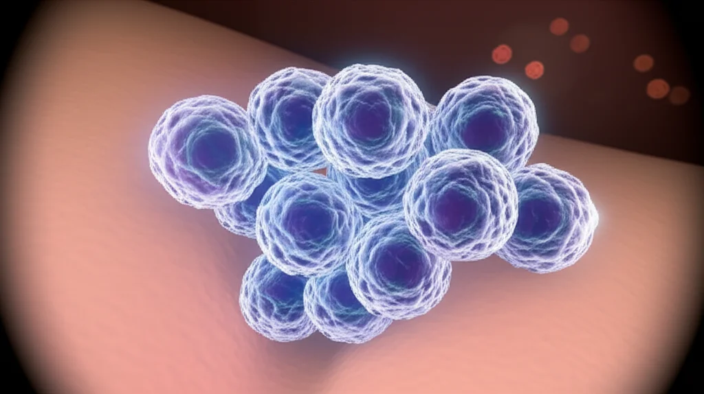 Immagine medica concettuale, effetto lente grandangolare 20mm, che mostra una rappresentazione astratta di cellule immunitarie (particelle luminose) che bersagliano e riducono un cluster di cellule anormali all'interno di uno sfondo stilizzato della cavità orale. Tema dell'immunoterapia e della guarigione. Illuminazione morbida e speranzosa.