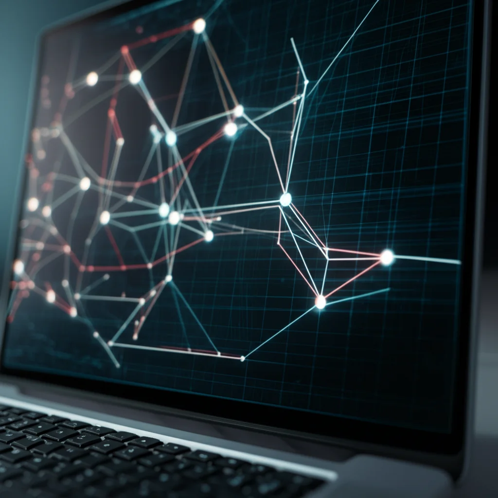 Primo piano di uno schermo di computer che mostra una complessa visualizzazione di un grafo di dati interconnessi, con nodi luminosi e linee che formano una rete intricata. Obiettivo prime 35mm, profondità di campo per mettere a fuoco il grafo, duotone blu e grigio per un look moderno e tecnologico.