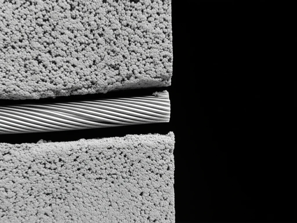 Scatto macro fotorealistico, obiettivo 85mm, che mostra una sezione trasversale di una malta fibrorinforzata avanzata, realizzata con acqua di mare e polvere di vetro. Si evidenzia la microstruttura densa attorno a una fibra d'acciaio lucida, in contrasto con uno sfondo sfocato che suggerisce un ambiente di costruzione marino (elementi in cemento, acqua). Alta definizione, illuminazione controllata laterale per creare ombre sottili e accentuare la texture.