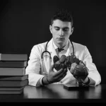 Un giovane studente di medicina, con camice bianco, siede a una scrivania piena di libri, ma guarda con intensità un modello anatomico del cuore tenuto tra le mani, simboleggiando il dilemma tra la tecnica e l'umanità nella cura. Luce laterale drammatica. Portrait photography, Prime lens, 50mm, Film noir style, Depth of field.