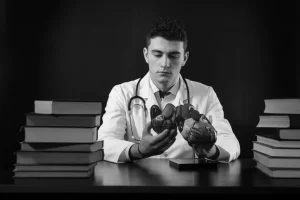 Un giovane studente di medicina, con camice bianco, siede a una scrivania piena di libri, ma guarda con intensità un modello anatomico del cuore tenuto tra le mani, simboleggiando il dilemma tra la tecnica e l'umanità nella cura. Luce laterale drammatica. Portrait photography, Prime lens, 50mm, Film noir style, Depth of field.