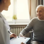 Un medico o un'infermiera sorridente siede accanto a un paziente anziano nel comfort della sua casa, impegnati in una conversazione serena e rassicurante. Luce naturale morbida che filtra da una finestra illumina la scena. Obiettivo prime 35mm, profondità di campo media per mantenere a fuoco entrambi i soggetti, creando un'atmosfera di speranza, supporto e cura palliativa domiciliare.