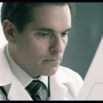 Un medico pensieroso esamina un grafico che mostra la correlazione tra l'indice TyG-WWI e il rischio di ictus, con particolare enfasi su pazienti pre-diabetici. L'immagine è un ritratto fotografico con lente prime 35mm, con un effetto film noir per dare un tono serio e investigativo, e una profondità di campo che sfoca leggermente lo sfondo per concentrarsi sul medico e sul grafico.