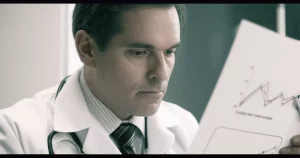Un medico pensieroso esamina un grafico che mostra la correlazione tra l'indice TyG-WWI e il rischio di ictus, con particolare enfasi su pazienti pre-diabetici. L'immagine è un ritratto fotografico con lente prime 35mm, con un effetto film noir per dare un tono serio e investigativo, e una profondità di campo che sfoca leggermente lo sfondo per concentrarsi sul medico e sul grafico.