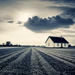 Un paesaggio rurale sereno con un campo coltivato e una casa sullo sfondo, sopra il quale aleggia una nuvola scura stilizzata a simboleggiare l'incertezza economica, ma con un raggio di sole (la sicurezza sociale) che filtra e illumina la casa. Wide-angle lens, 20mm, long exposure for smooth clouds, sharp focus on the house and field, duotone seppia e blu per un effetto evocativo.