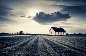 Un paesaggio rurale sereno con un campo coltivato e una casa sullo sfondo, sopra il quale aleggia una nuvola scura stilizzata a simboleggiare l'incertezza economica, ma con un raggio di sole (la sicurezza sociale) che filtra e illumina la casa. Wide-angle lens, 20mm, long exposure for smooth clouds, sharp focus on the house and field, duotone seppia e blu per un effetto evocativo.