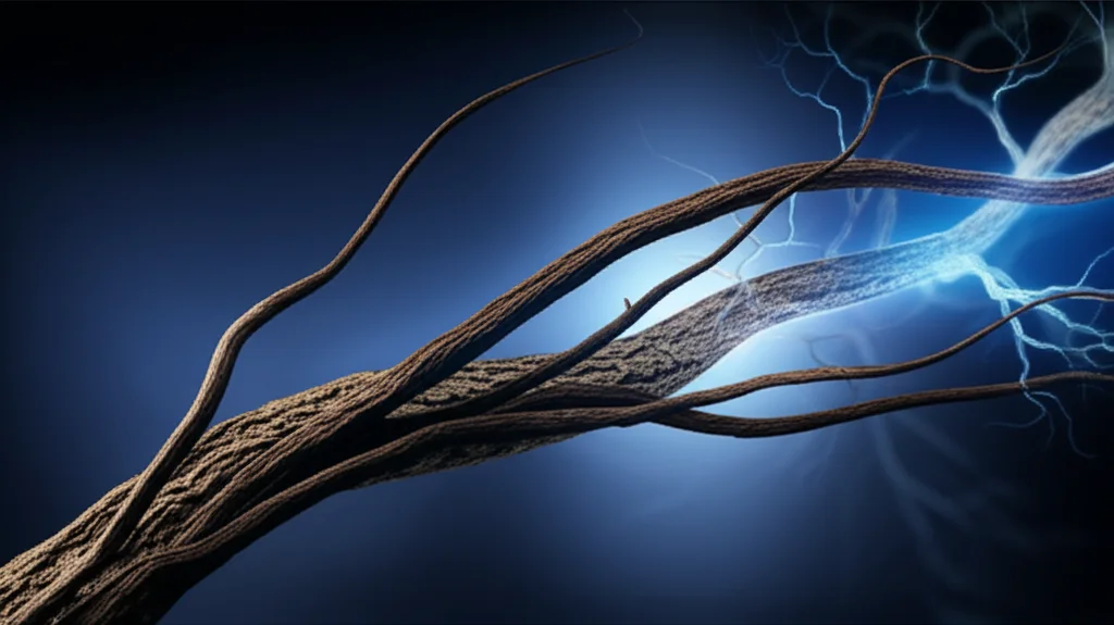 Un'immagine concettuale che mostra una radice di liquirizia stilizzata che si trasforma in una sinapsi cerebrale luminosa, a simboleggiare la potenziale protezione contro l'Alzheimer, obiettivo macro 60mm, illuminazione controllata, alta definizione.