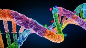 Visualizzazione 3D artistica e dettagliata di un filamento di RNA virale (SARS-CoV-2) con sezioni evidenziate in colori diversi che rappresentano siti di mutazione (µ) e sostituzione (c) sotto analisi evolutiva, obiettivo macro 90mm, illuminazione da studio controllata per massimi dettagli, messa a fuoco selettiva sui siti evidenziati, sfondo scuro per contrasto.