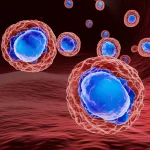 Visualizzazione artistica 3D di cellule di Leucemia Mieloide Acuta (LMA) con la proteina CD200 (evidenziata in colore contrastante blu brillante) sulla superficie cellulare, in un contesto di flusso sanguigno stilizzato rosso. Macro lens, 90mm, alta definizione, illuminazione volumetrica, focus preciso sulla proteina CD200, sfondo scuro per risalto.