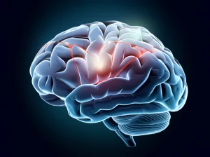 Visualizzazione astratta e fotorealistica del cervello umano con due aree illuminate in modo diverso, una più intensa e focalizzata per la memoria di lavoro (WM) e una più diffusa per la memoria a lungo termine (LTM), collegate da percorsi neurali luminosi che simboleggiano l'attenzione selettiva. Obiettivo grandangolare 20mm, illuminazione drammatica interna, focus nitido sui percorsi neurali, sfondo scuro.