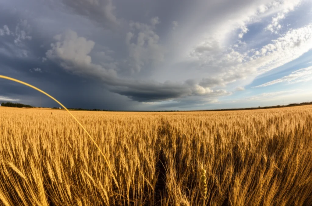 Wide-angle landscape photo of a durum wheat field under a dramatic sky, showing signs of drought stress, 16mm wide-angle lens, sharp focus