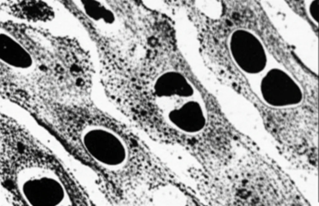 Fotografia macro di cellule di carcinoma orale squamoso (OSCC) in coltura. Alcune cellule mostrano segni di piroptosi, con membrane cellulari rigonfie o rotte, a seguito dell'esposizione a LPS intracellulare. L'immagine dovrebbe avere un'illuminazione controllata per evidenziare i dettagli cellulari e le differenze tra cellule sane e quelle in piroptosi. Obiettivo macro 60mm, alta definizione, focus preciso.