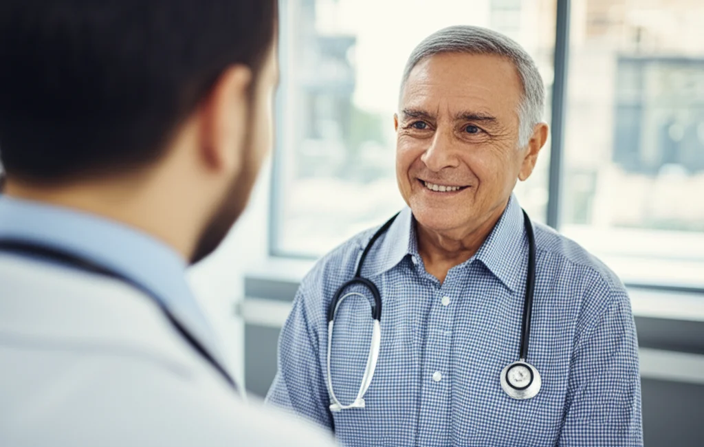 Un medico cileno empatico che discute un piano di cura personalizzato con un paziente anziano in una clinica luminosa e moderna. Prime lens, 35mm, colori caldi e accoglienti, profondità di campo per mettere a fuoco l'interazione.