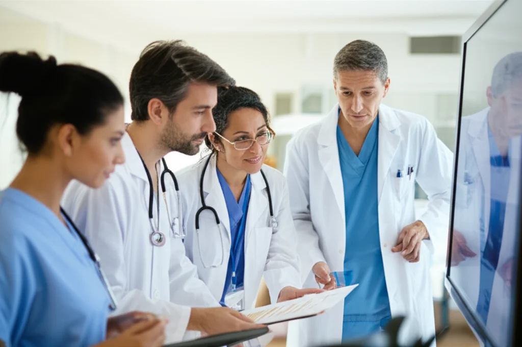 Un team multidisciplinare di professionisti sanitari cileni in una riunione collaborativa, analizzando dati su un grande schermo in una sala conferenze. Obiettivo zoom, 24-35mm, illuminazione da ufficio controllata, espressioni concentrate ma positive.