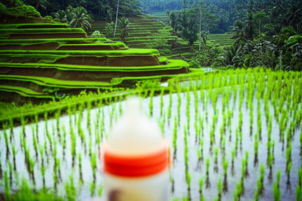 Una fotografia grandangolare di un paesaggio indonesiano lussureggiante e incontaminato (es. risaie terrazzate). In primo piano, sfocato, un biberon vuoto abbandonato. L'immagine vuole evocare il contrasto tra la natura e l'impatto dei prodotti industriali. Obiettivo grandangolare 10-24mm, messa a fuoco nitida sul paesaggio, lunga esposizione per rendere l'acqua delle risaie setosa.