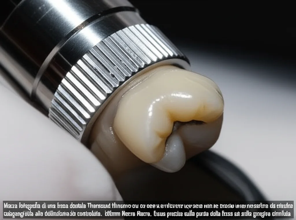 Macro fotografia di una fresa dentale Thermacut in azione su un modello di dente per esporre una lesione cariosa interprossimale subgengivale, illuminazione da studio controllata, alta definizione, 100mm Macro lens, focus preciso sulla punta della fresa e sulla gengiva simulata.