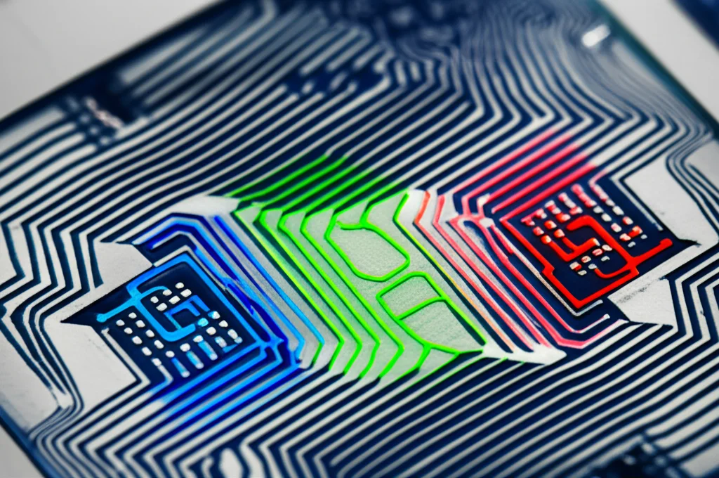 Macro fotografia di un chip MEMS con tre risonatori accoppiati debolmente visibili, illuminati in modo da suggerire percorsi di segnale distinti e non sovrapposti; obiettivo macro 100mm, alta definizione, illuminazione da studio controllata per evidenziare i dettagli microscopici.