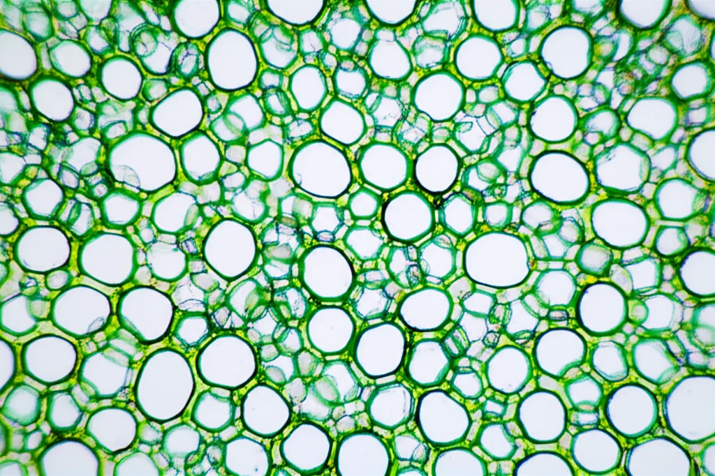 Macro fotografia di una sezione trasversale di radice di pianta, 100mm macro lens, che mostra chiaramente la formazione di arenchima con ampi spazi aerei tra le cellule corticali, illuminazione diffusa per dettaglio uniforme, alta risoluzione.