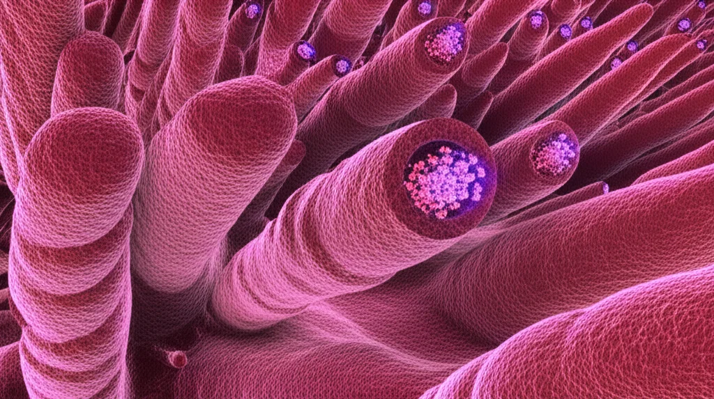 Illustrazione 3D di canali ionici CNGC sulla membrana cellulare di una pianta, 60mm macro lens, con ioni calcio (sfere luminose) che fluiscono attraverso di essi verso il citosol, focus preciso sui canali, sfondo scuro per enfatizzare il flusso.