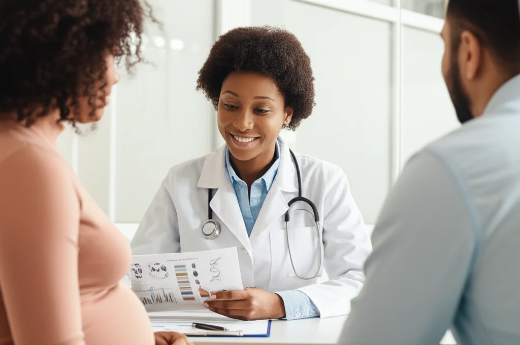 Un operatore sanitario ghanese, donna, con un sorriso rassicurante, spiega un grafico sullo screening genetico a una giovane coppia attenta in un ambulatorio pulito e moderno. Zoom lens, 50mm, luce naturale diffusa, high detail sui volti e sul materiale informativo.