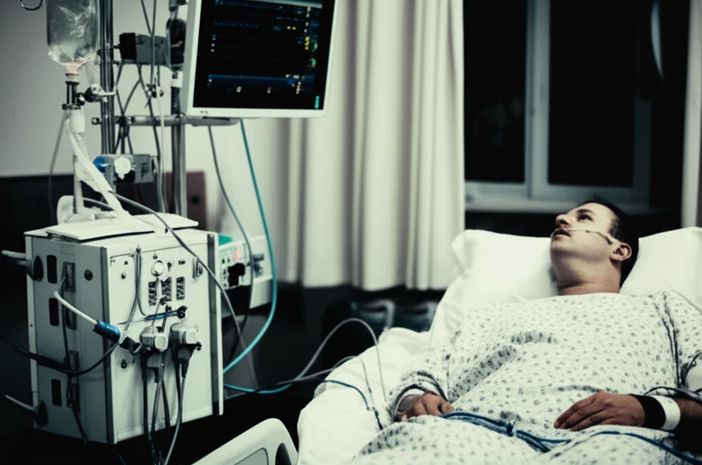 Fotografia di un'unità di terapia intensiva moderna, con un paziente collegato a una macchina ECMO in primo piano. L'illuminazione è controllata, con un leggero effetto 'film noir' per accentuare la serietà della situazione. Obiettivo prime da 35mm, profondità di campo che sfoca leggermente lo sfondo per concentrarsi sull'attrezzatura medica e sul paziente.