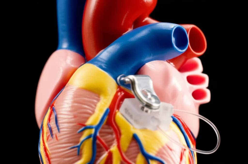 Scatto macro di un modello anatomico di cuore umano, con un dispositivo di assistenza ventricolare sinistra (come un Impella) inserito. Illuminazione da studio precisa per evidenziare i dettagli del dispositivo e del cuore. Focale 60mm, alta definizione, su sfondo scuro per risaltare il soggetto.