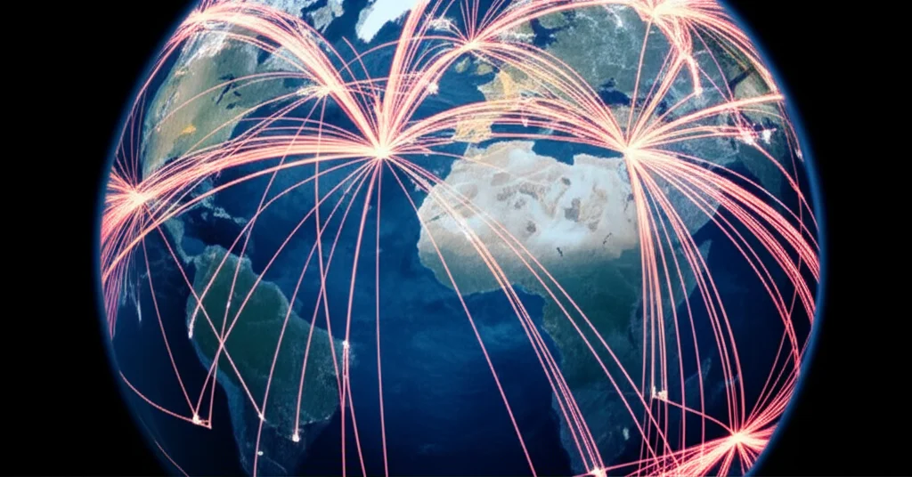 Una mappa del mondo stilizzata che mostra le rotte aeree interconnesse come sottili linee luminose rosse, sovrapposta a un globo terrestre con aree che mostrano sottili segni di stress climatico come siccità (colori ocra) o inondazioni (blu scuro). L'immagine è catturata con un teleobiettivo zoom da 100mm, con una velocità dell'otturatore elevata per congelare il 'movimento' delle connessioni, evocando la rapida diffusione globale delle malattie.