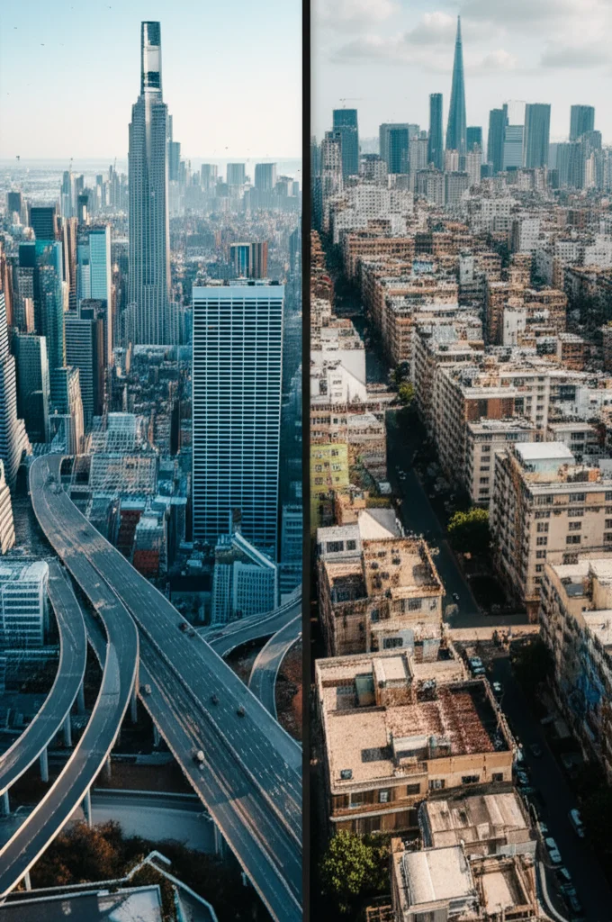 Fotografia di un paesaggio urbano diviso verticalmente: a sinistra, una metropoli moderna e scintillante con grattacieli e infrastrutture avanzate; a destra, un'area densamente popolata con edifici più datati e infrastrutture visibilmente meno sviluppate, a simboleggiare le disparità socioeconomiche. L'immagine è scattata con un obiettivo prime da 35mm, utilizzando una profondità di campo che mantiene entrambi i lati a fuoco ma con una sottile linea di demarcazione, illuminazione controllata per evidenziare i contrasti.