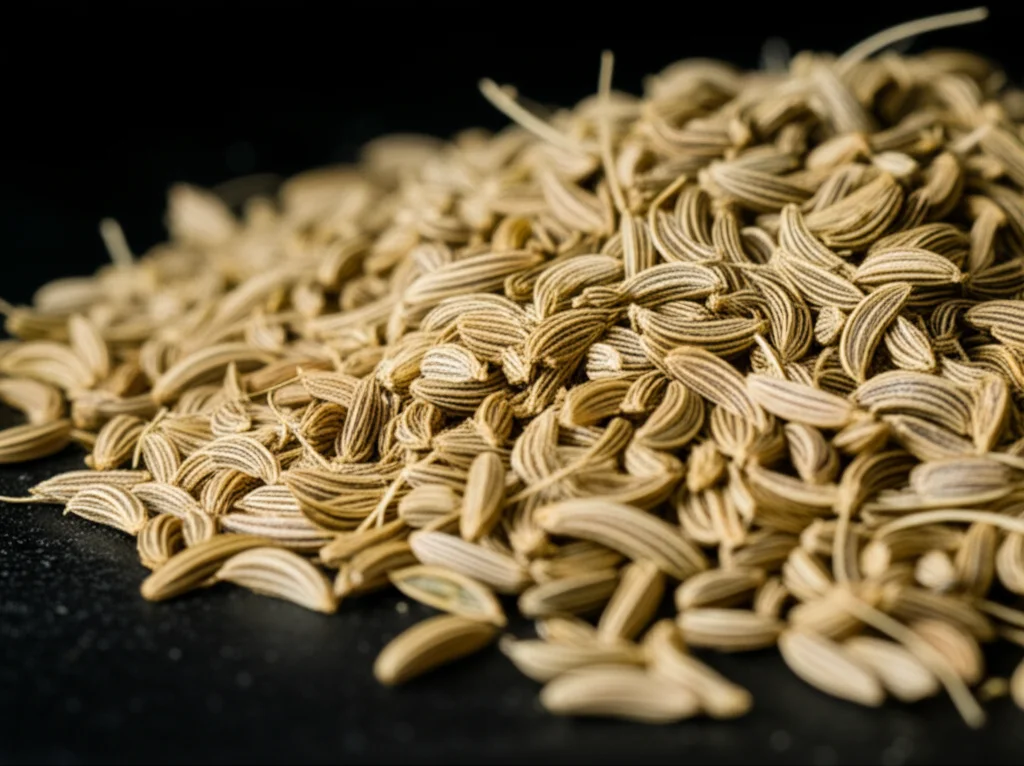 Macro fotografia di semi di anice (Pimpinella anisum) su una superficie scura, con dettagli finissimi della texture dei semi. Illuminazione controllata per esaltare i dettagli. Obiettivo macro 100mm, messa a fuoco precisa.