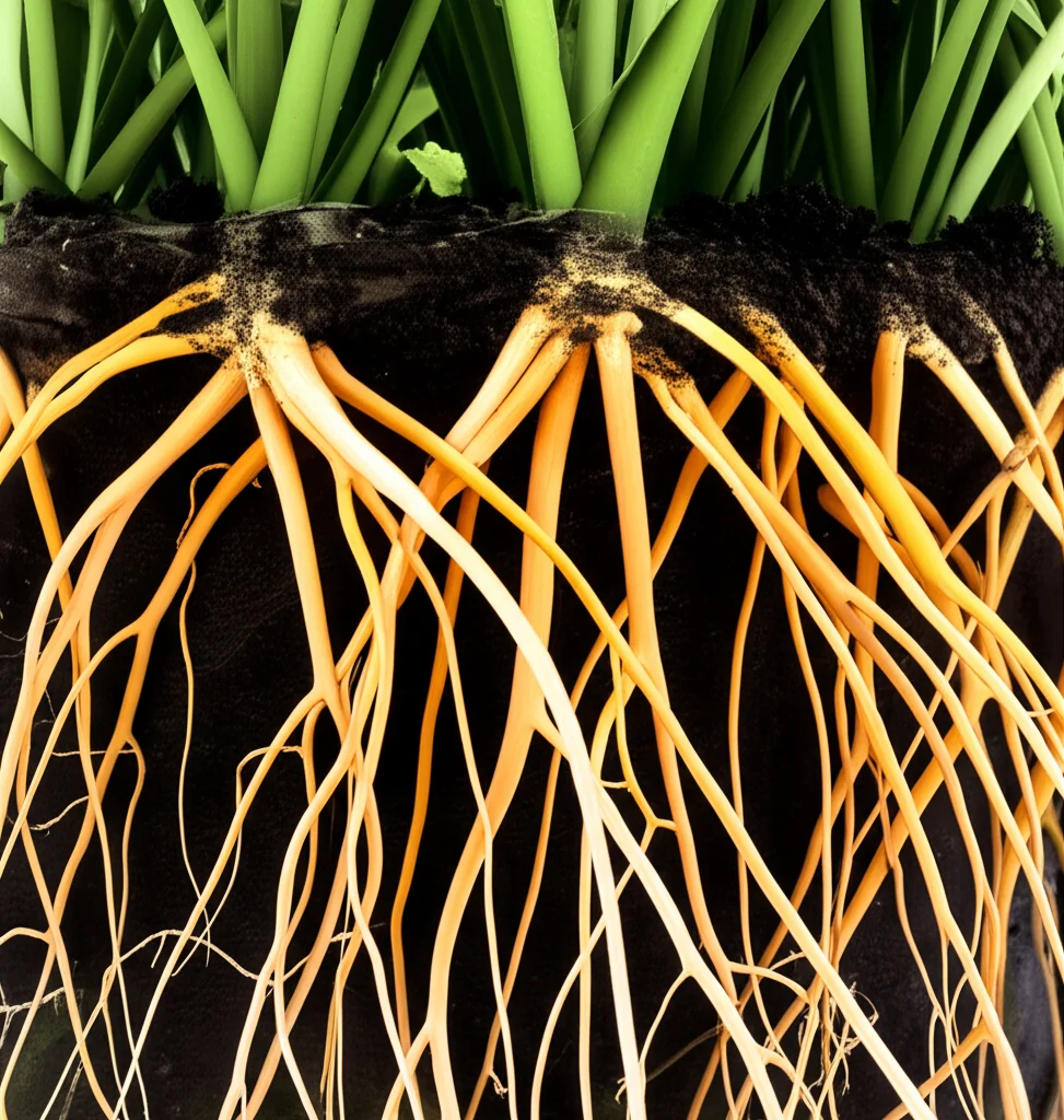 Visualizzazione artistica di radici di piante con ife fungine micorriziche arbuscolari che si estendono nel terreno. Dettagli microscopici resi visibili, con un leggero bagliore sulle ife per indicare l'attività simbiotica. Macro lens, 60mm, high detail.